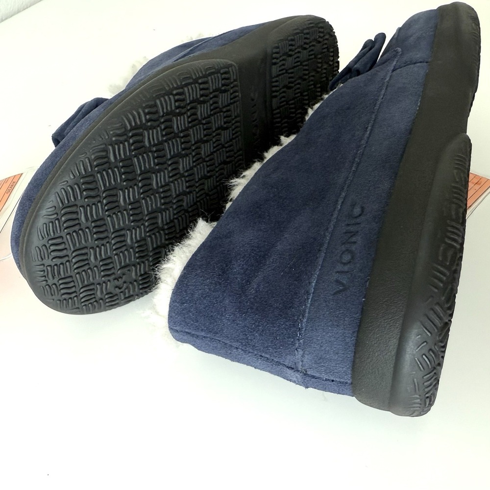Vionic Lucile Suede Slippers Womens 7 Blue White Shearling Cozy Comfy Winter Bow - Picture 3 of 7